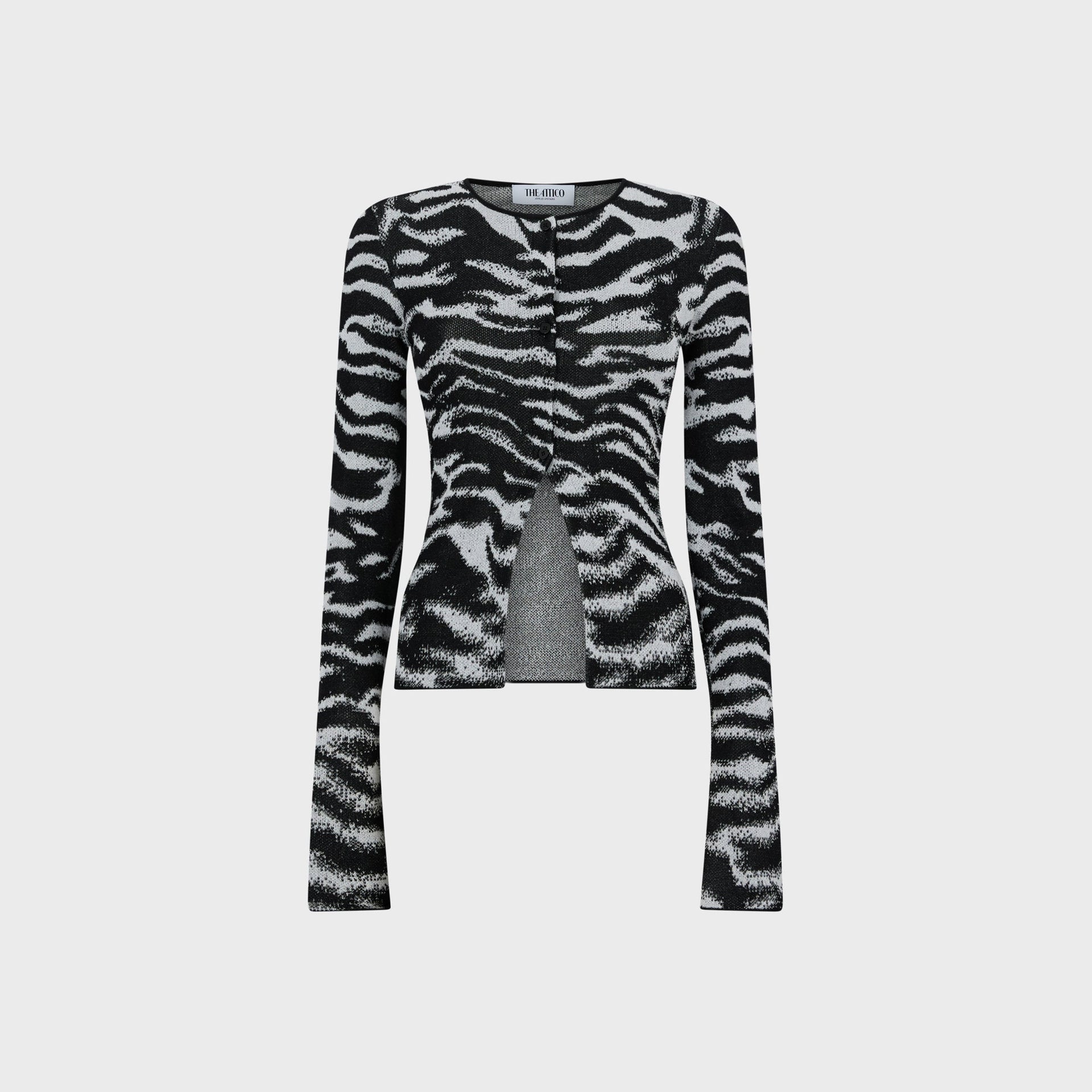 The Attico animalier cardigan in black and white zebra-print knit, front view with button closure