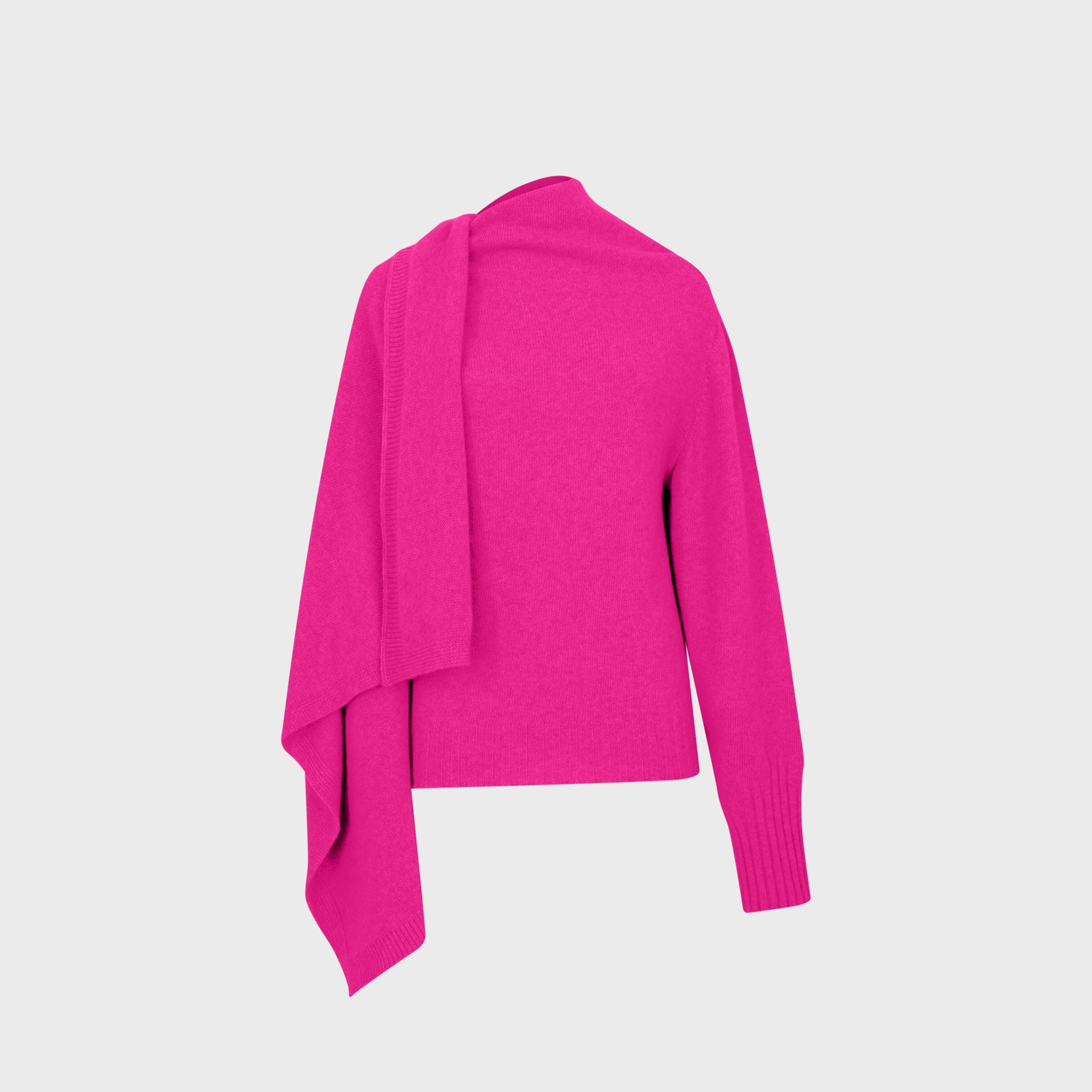 The Attico hot pink sweater with draped asymmetric scarf collar, side view