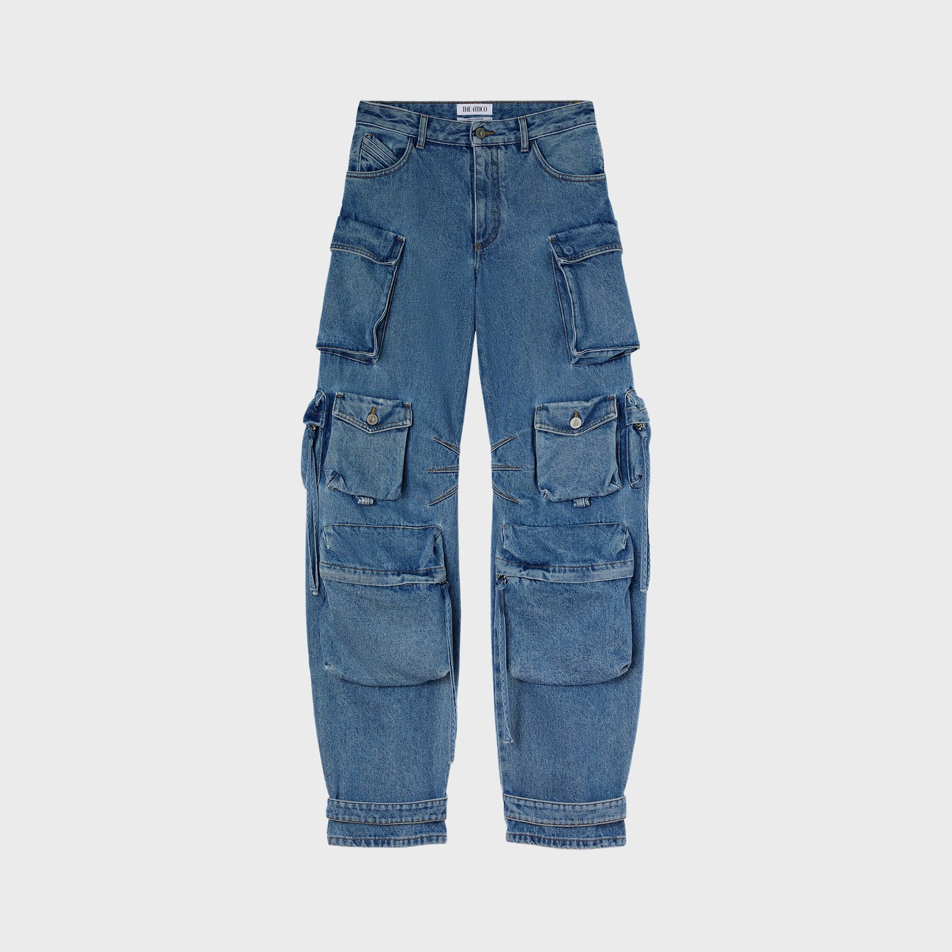 The Attico Fern washed long pant in blue denim, cargo-style with multiple patch pockets, front view