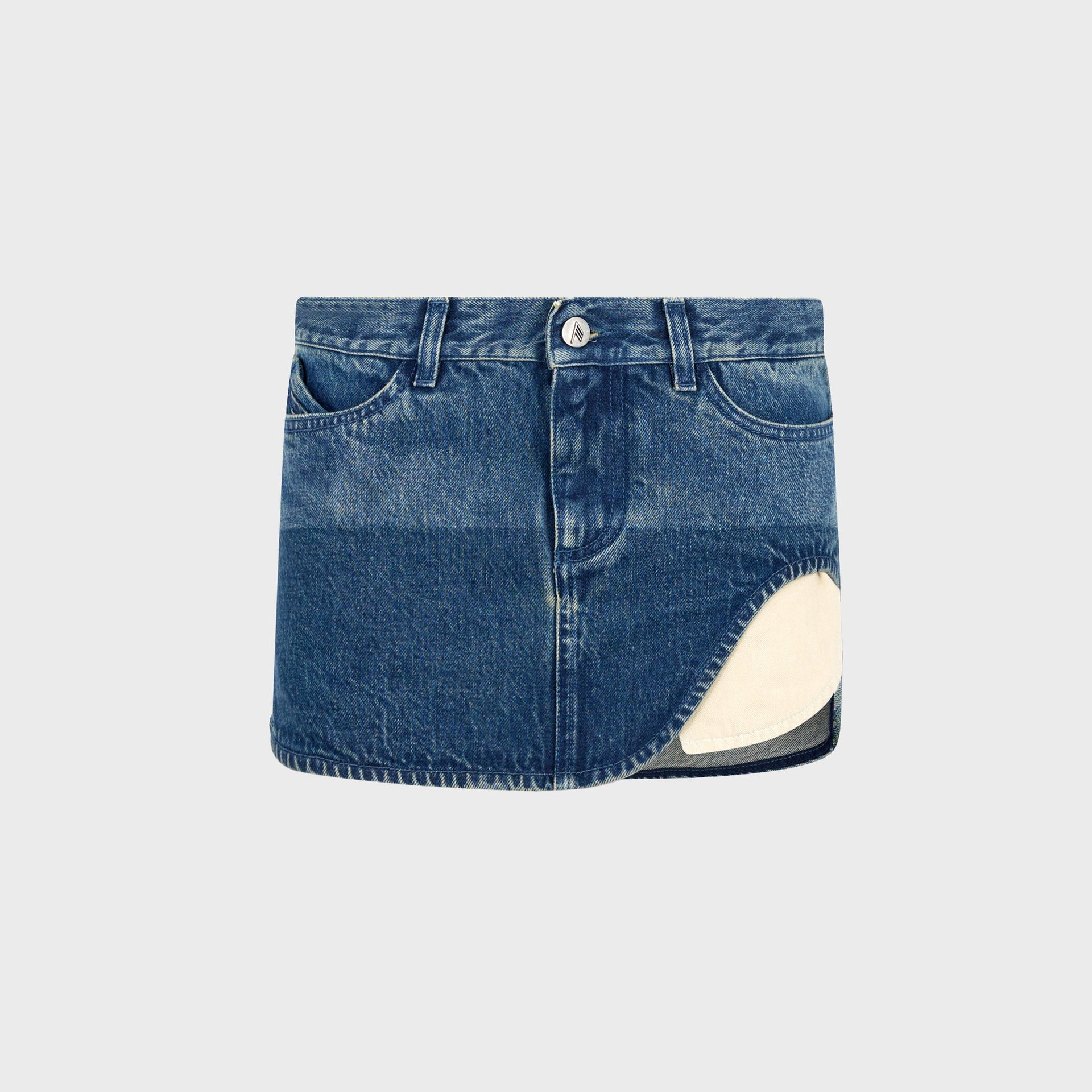 The Attico deep blue denim mini skirt, low-rise faded wash with curved hip cutout and cream lining, front flat-lay