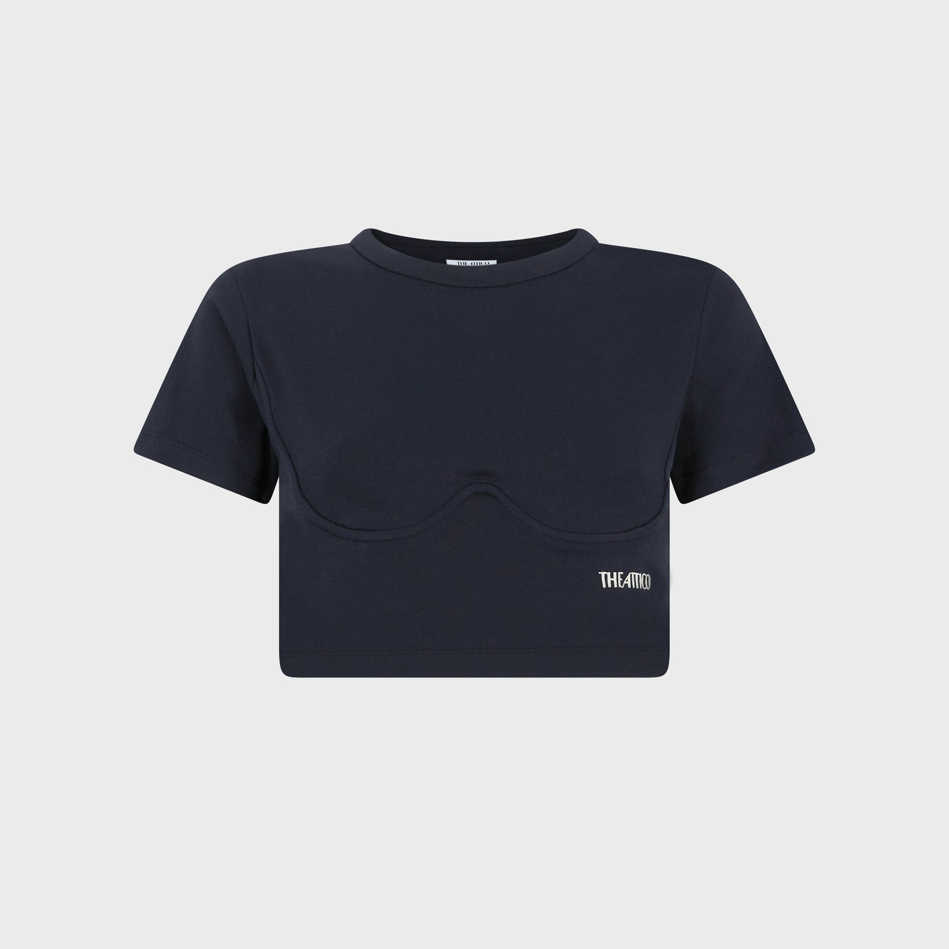 The Attico cropped tee in black, corset-style curved bust seaming, embroidered logo, front flat-lay