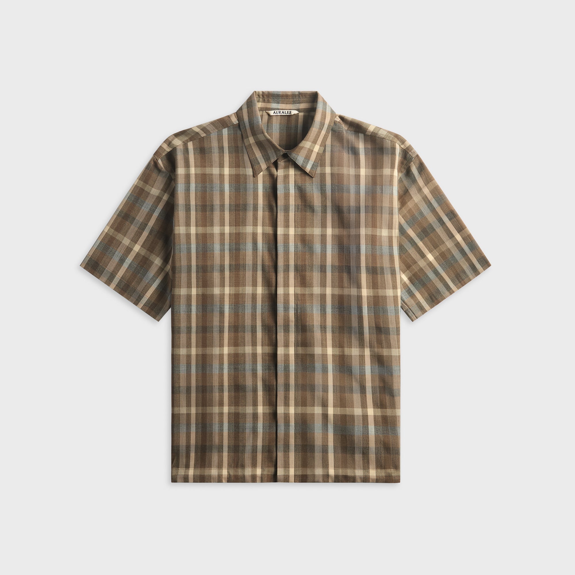 Auralee Super Fine Tropical Wool Check Short Sleeve Shirt - Brown Auralee Super Fine Tropical Wool Check Short Sleeve Shirt - Brown