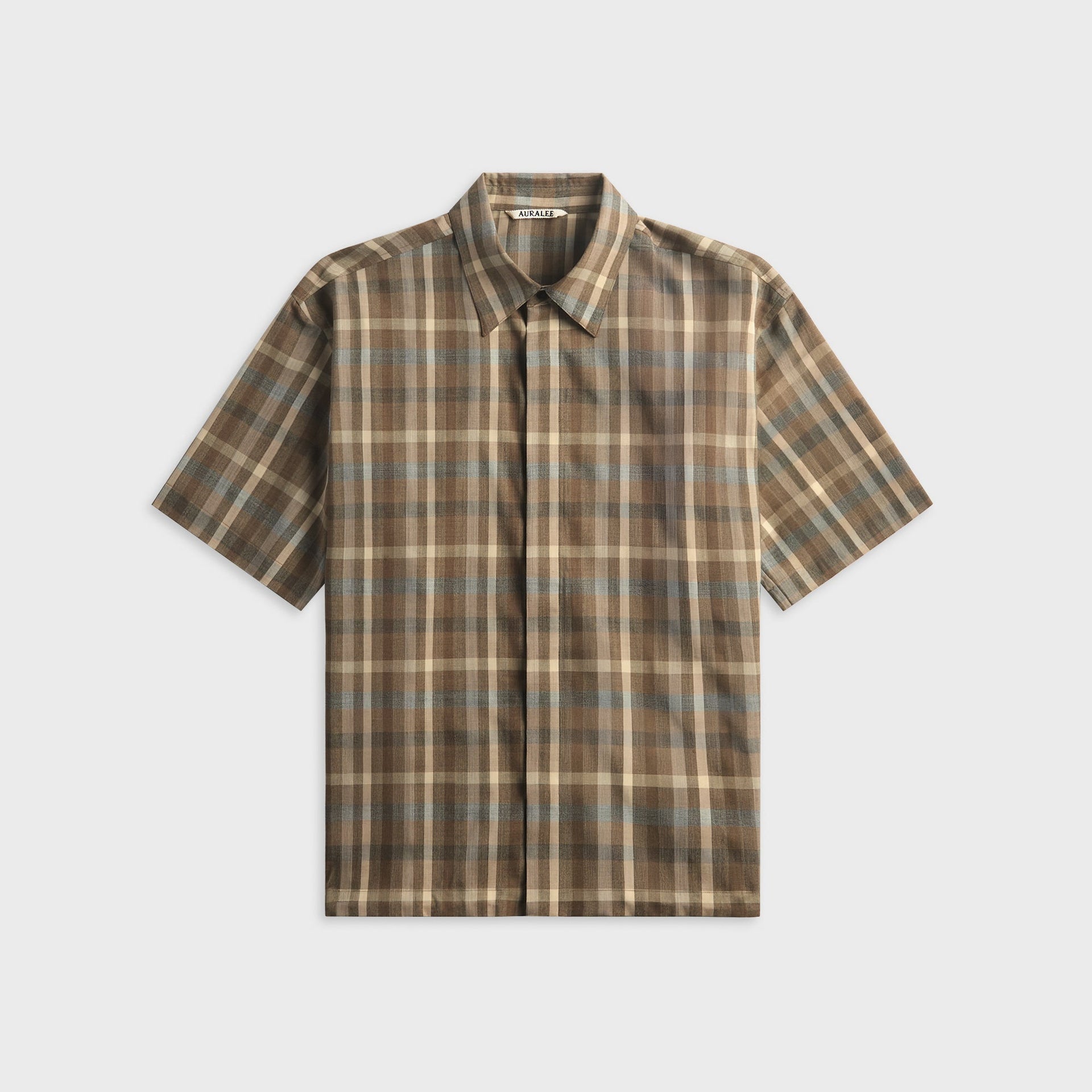 Auralee Super Fine Tropical Wool Check Short Sleeve Shirt - Brown