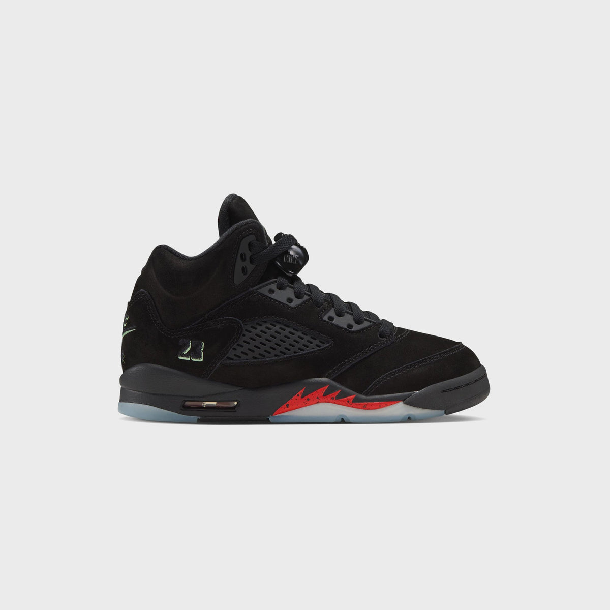 Jordan GS Air Jordan 5 Retro in black suede with red flame accent and icy translucent sole, side profile, grade school