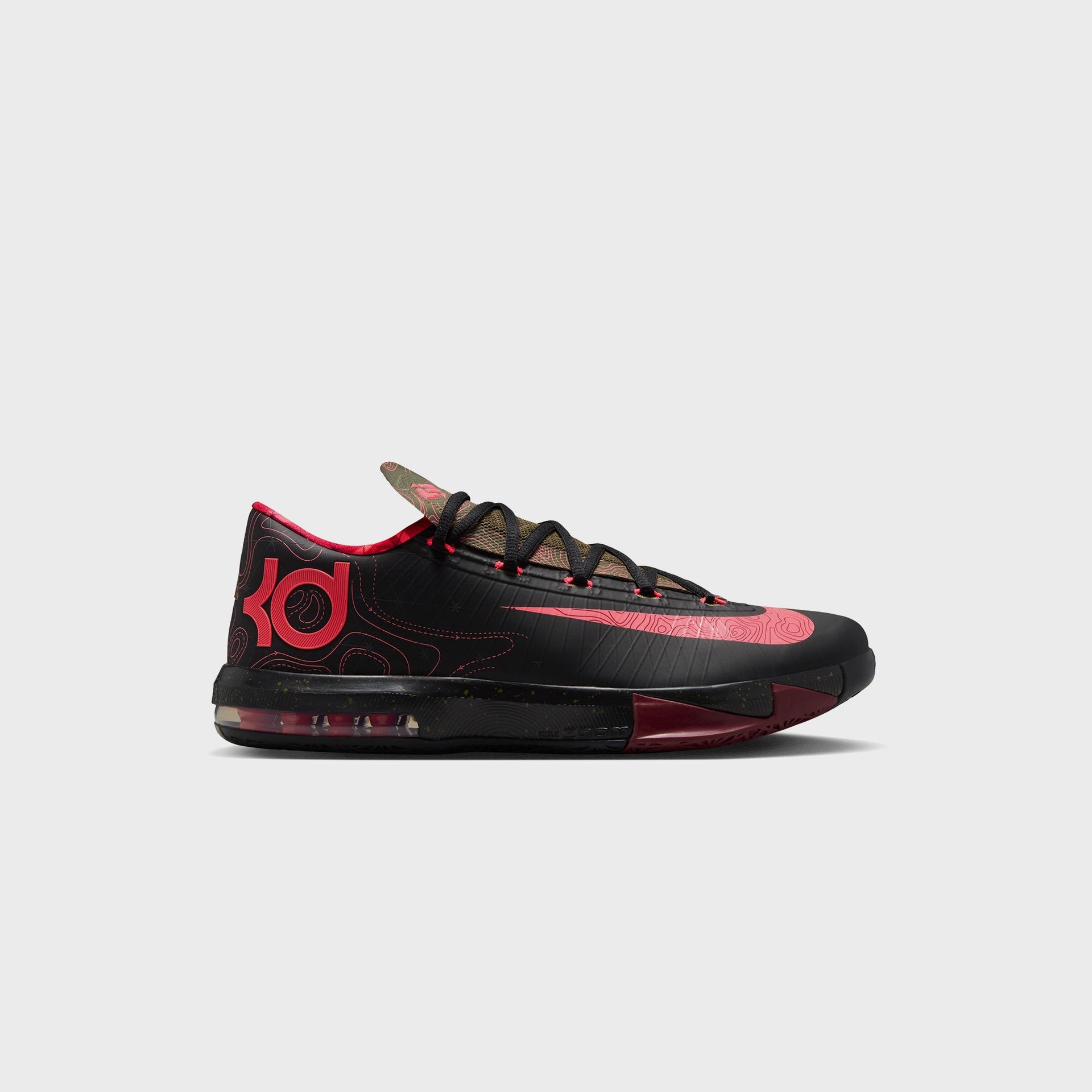 Nike KD 6 basketball shoe in black with atomic red KD logo and topographic map print, lateral side view