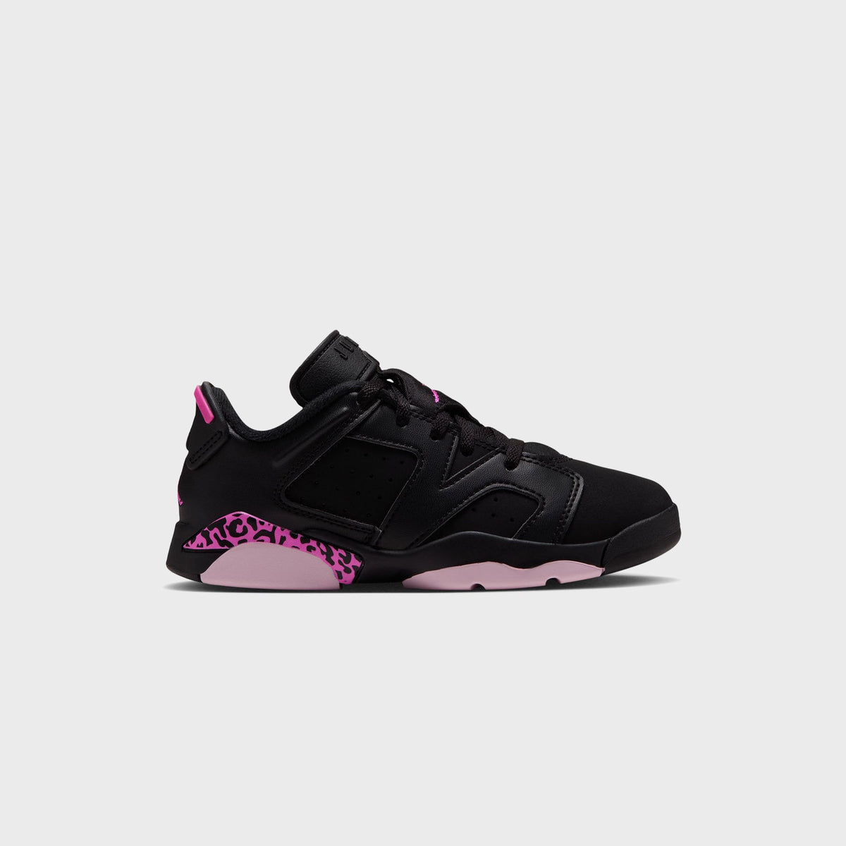Jordan PS Air Jordan 6 Retro Low in black with pink leopard-print heel and light pink midsole, lateral side view