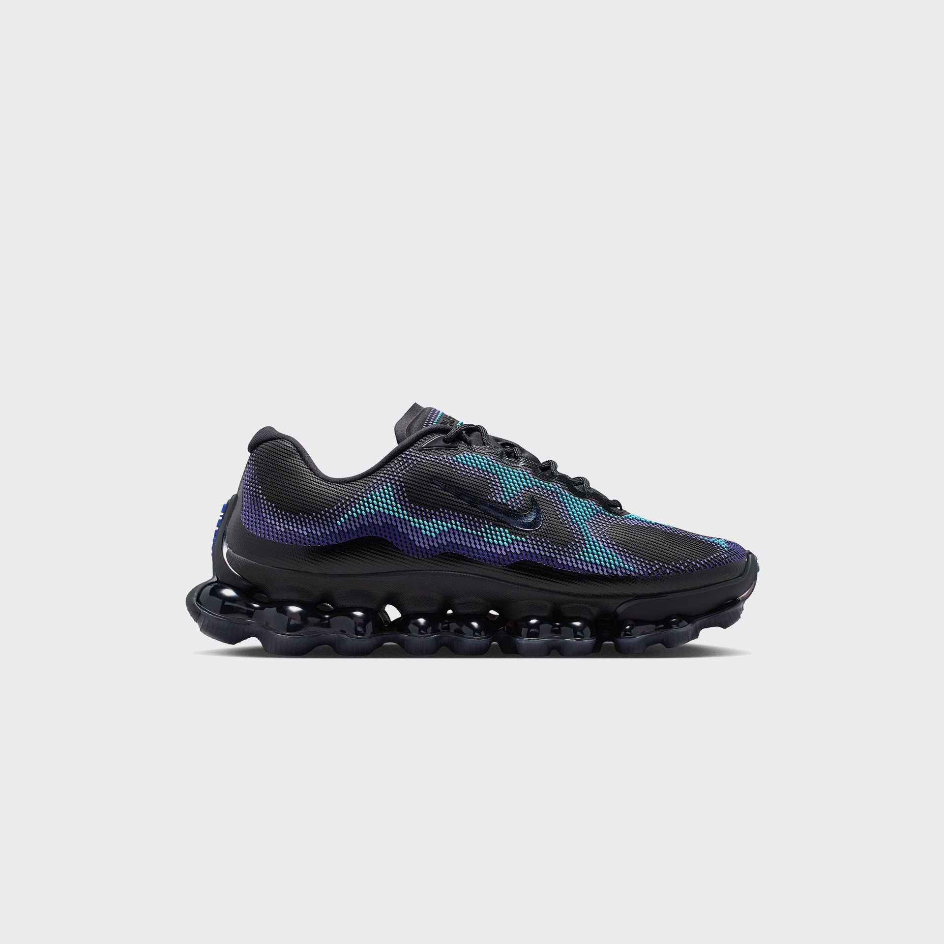 Nike Air Liquid Max sneaker in black with purple and radiant blue knit upper, lateral side profile view with bubbled Air Max sole
