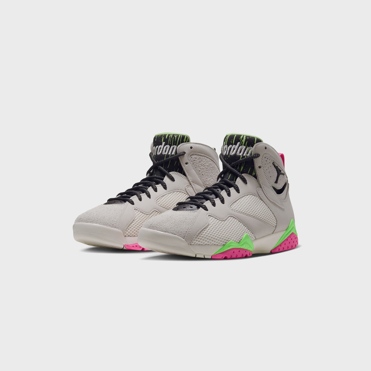 Pair of Air Jordan 7 Phantom Lime Blast sneakers shown at a three-quarter angle