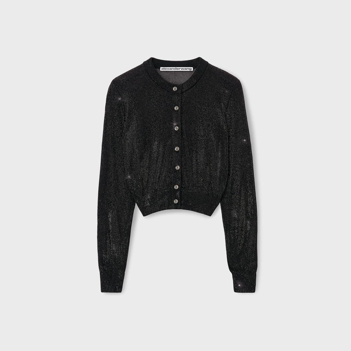 Alexander Wang black crystal hotfix cropped cardigan with sparkling allover rhinestone knit and button front