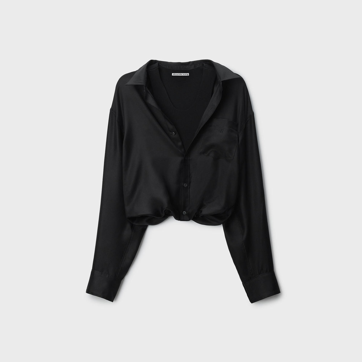 Alexander Wang black silk layered cami shirt top with button placket and chest pocket, flat lay