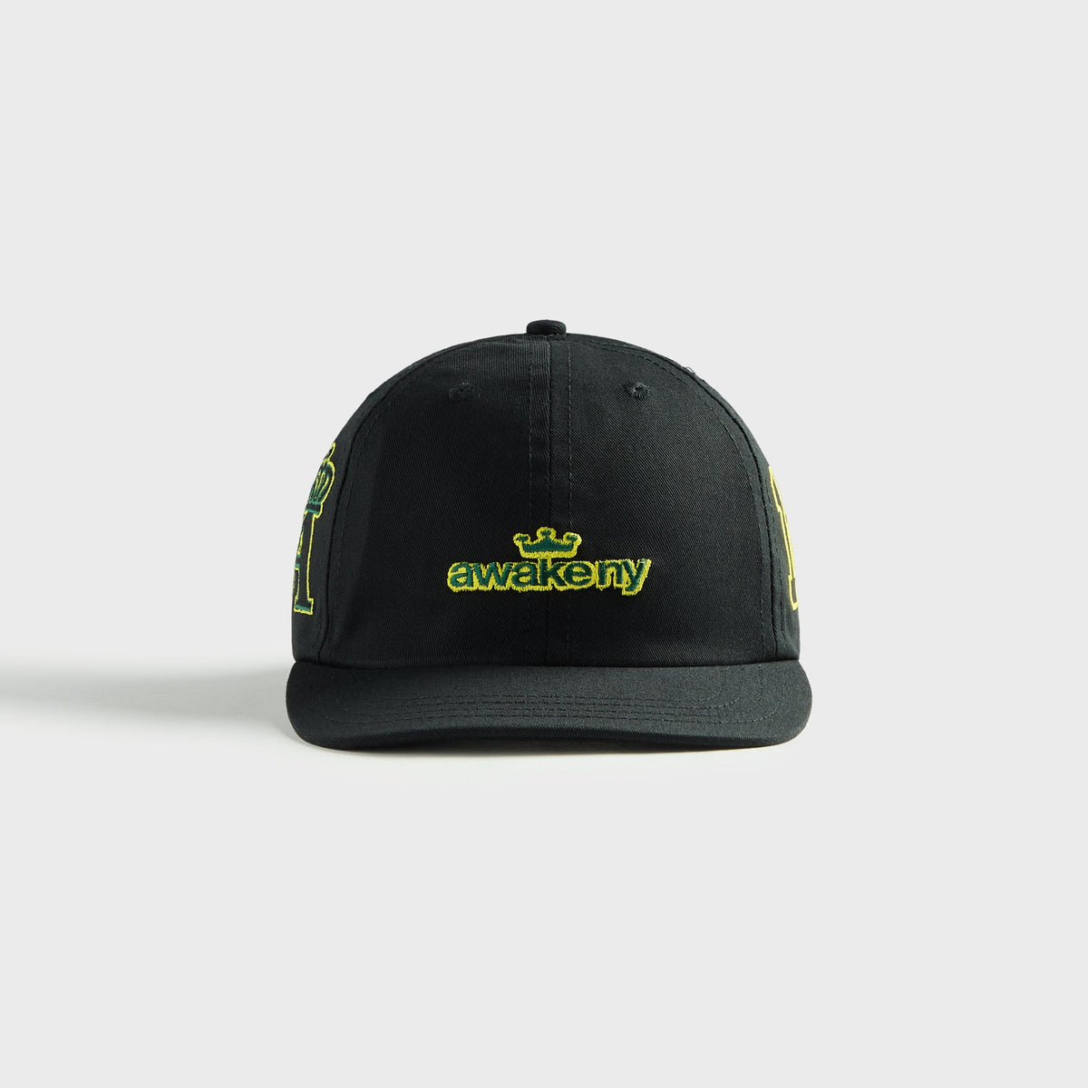 Awake NY Crown Dad Hat in Black, black cap with yellow crown logo embroidery, front view