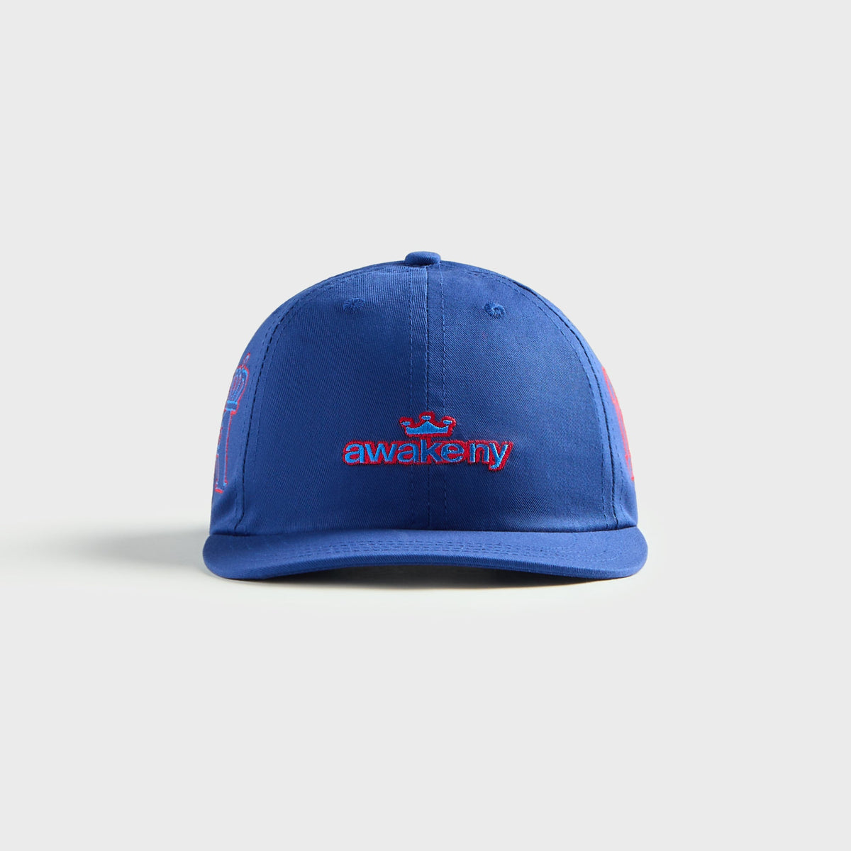 Awake NY Crown Dad Hat in Blue, blue cap with pink crown logo embroidery, front view