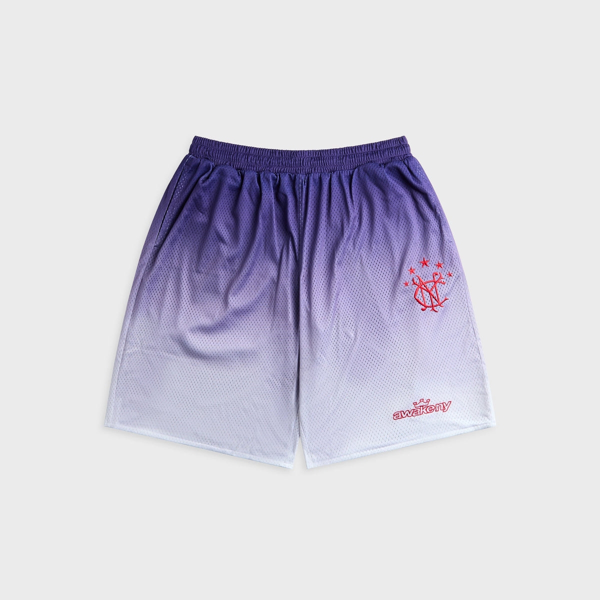 Awake NY Gradient Shorts in Blue, purple-to-white ombre mesh shorts with logo print, front view