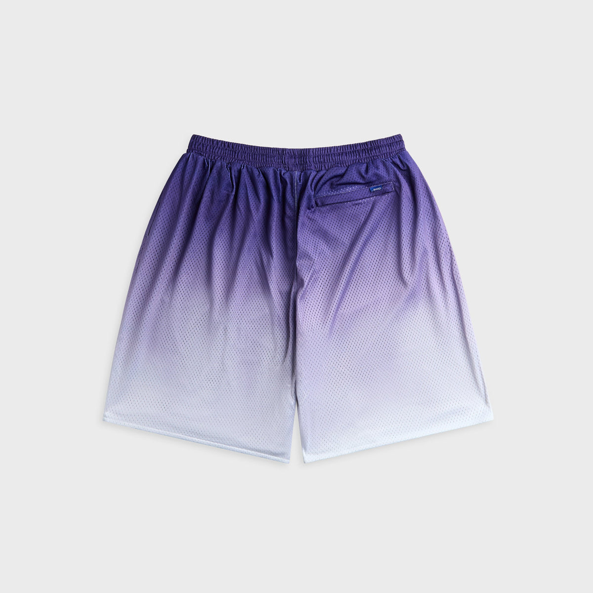 Awake NY Gradient Shorts in Blue, purple-to-white ombre mesh shorts, back view