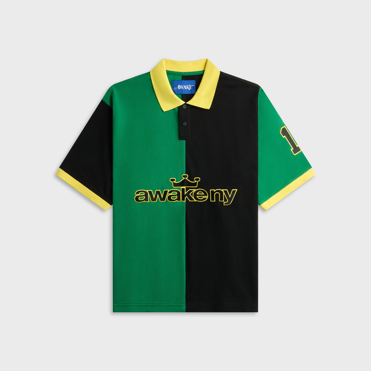 Awake NY Crown Polo in Green, color-block green and black polo with gold crown embroidery, front view