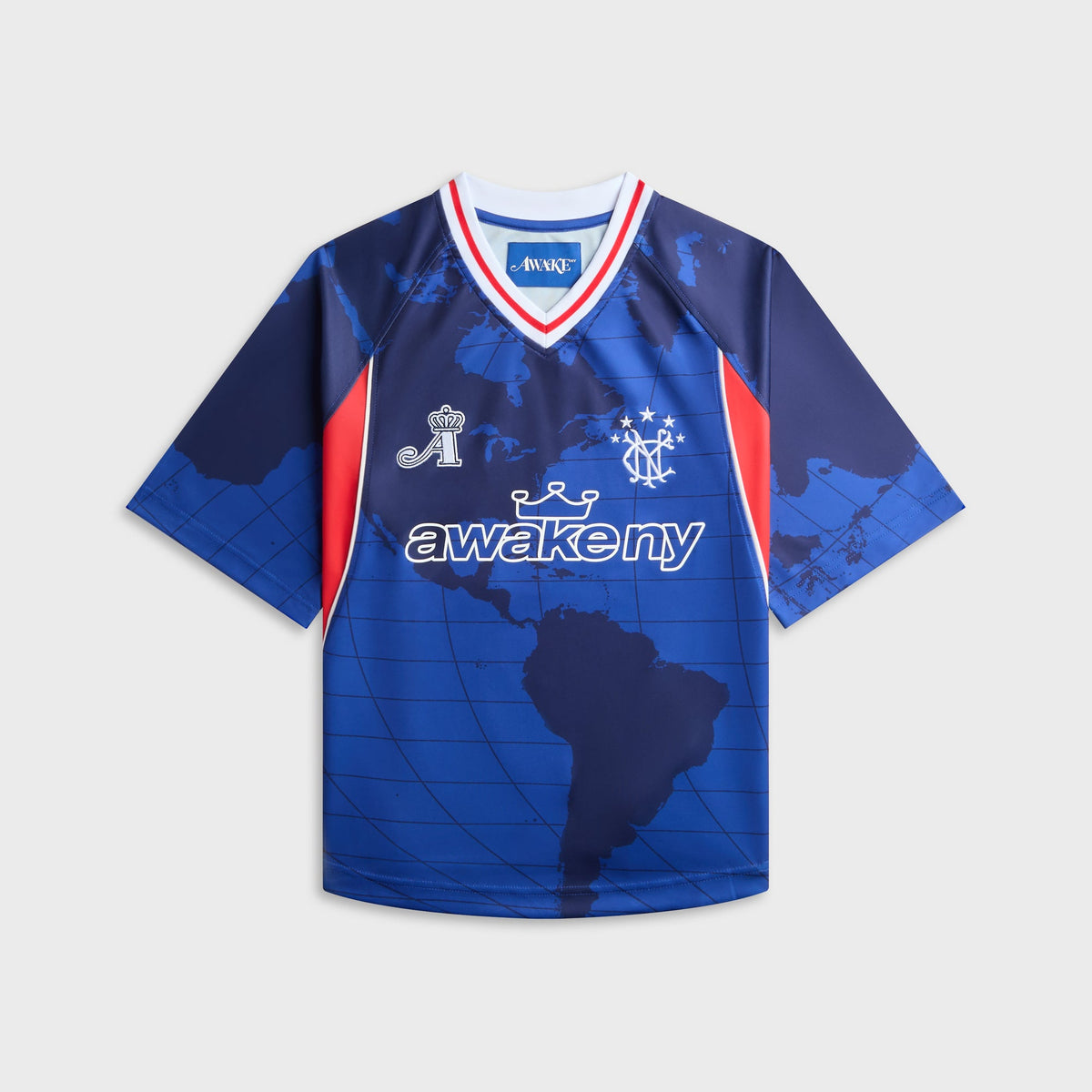 Awake NY Mundial Crown Jersey in Blue, blue world-map print soccer jersey, front view