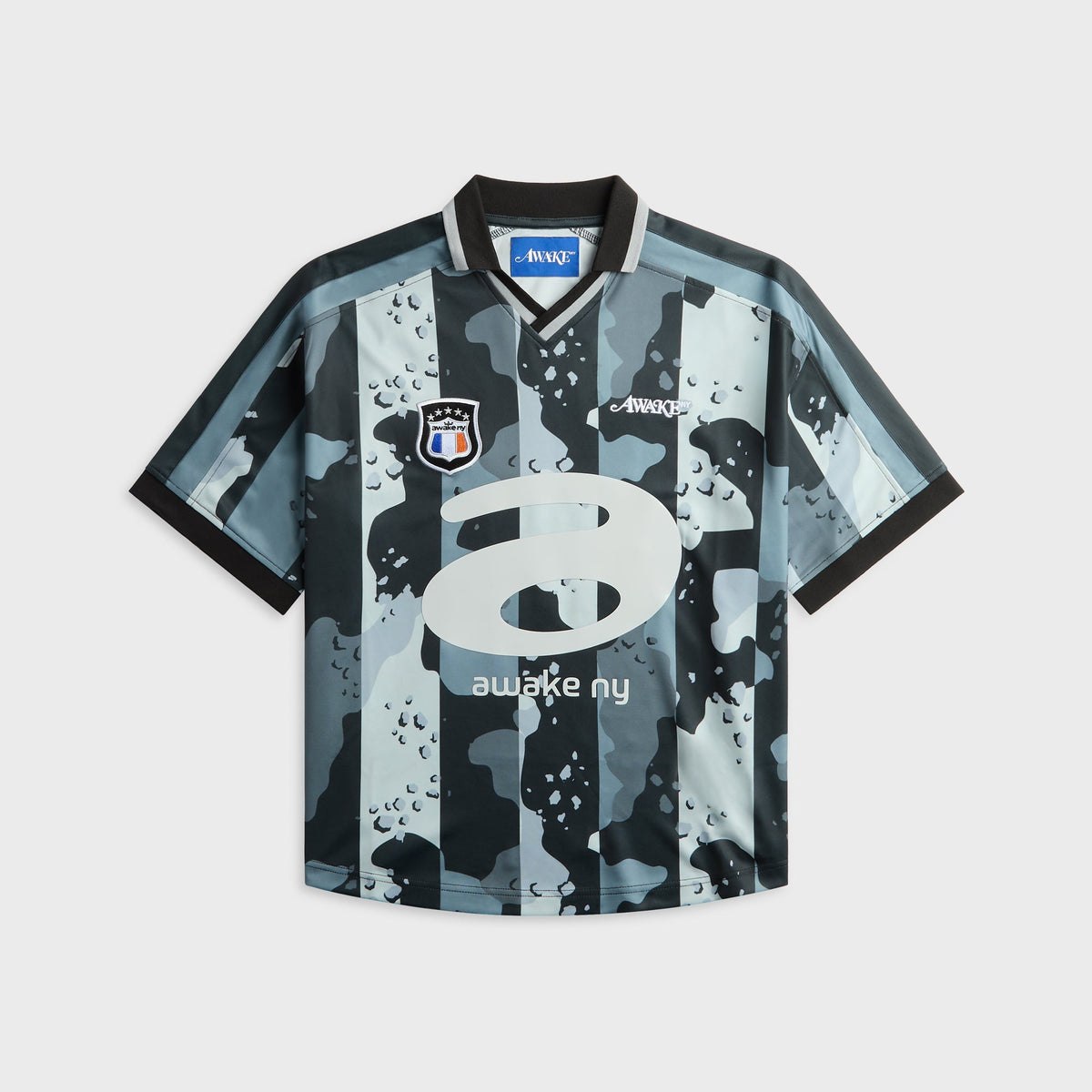 Awake NY Mobile Soccer Jersey in Black, grey-black camo print soccer jersey, front view