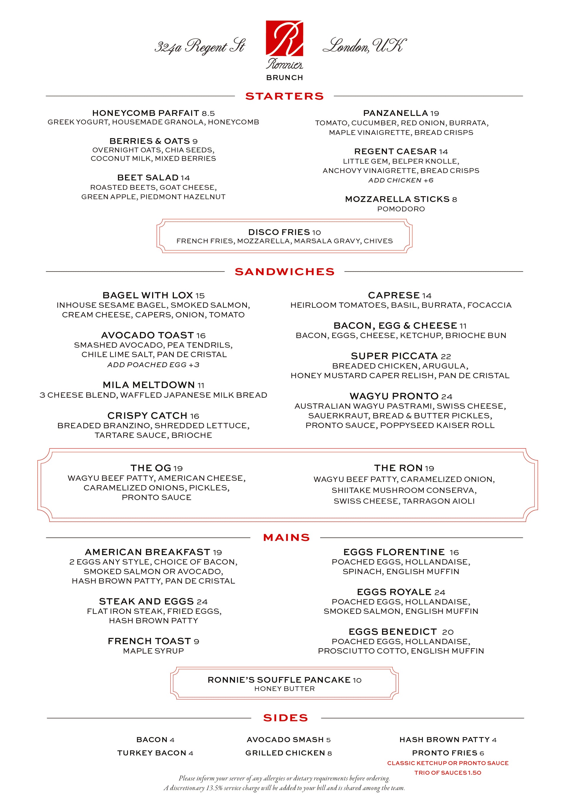 Ronnie's restaurant all-day brunch menu page listing starters, sandwiches, and mains, 324a Regent St, London