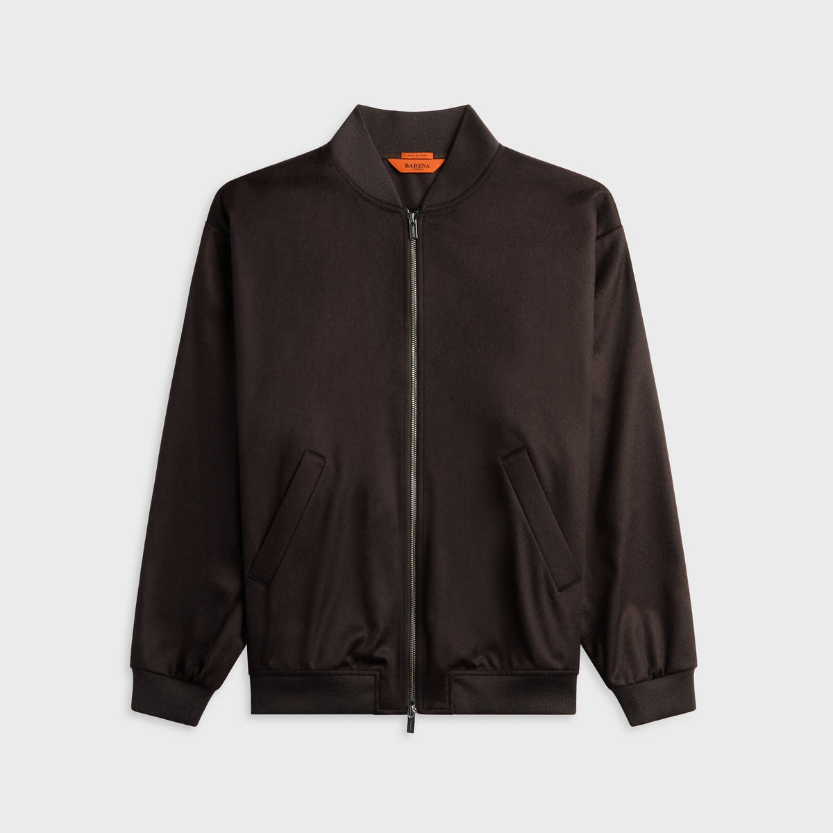 Barena Gabier Real Coat in Bruno, dark brown satin zip-up bomber jacket with patch pockets, front view