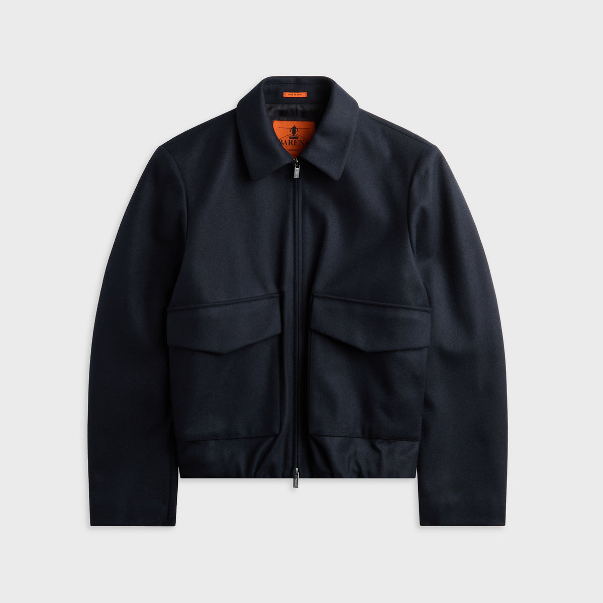 Barena Ovidio Caramal Coat in Navy, dark navy zip-up jacket with patch pockets, front view
