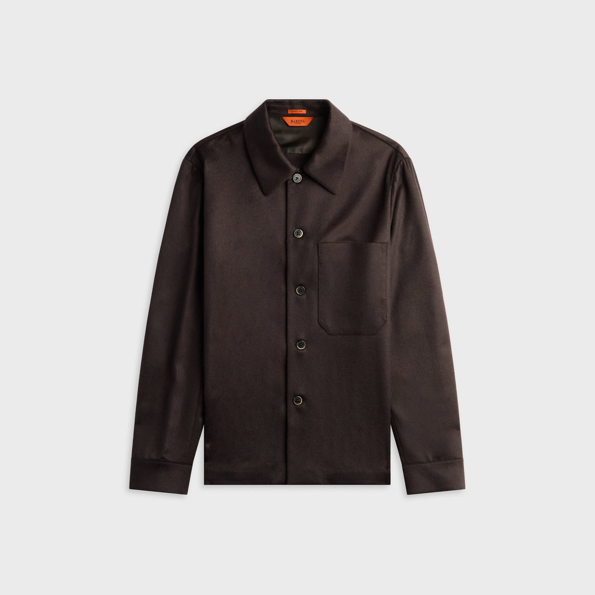 Barena Real Overshirt in Bruno, dark brown satin button-up overshirt, front view