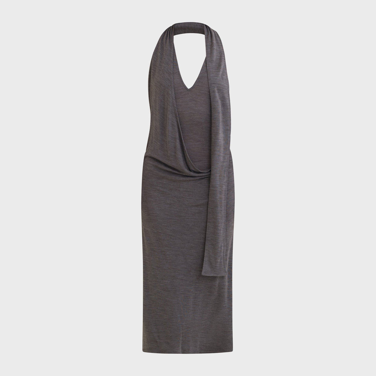 Belle Anna Duo Dress in Grey, grey halter-neck midi dress with draped front