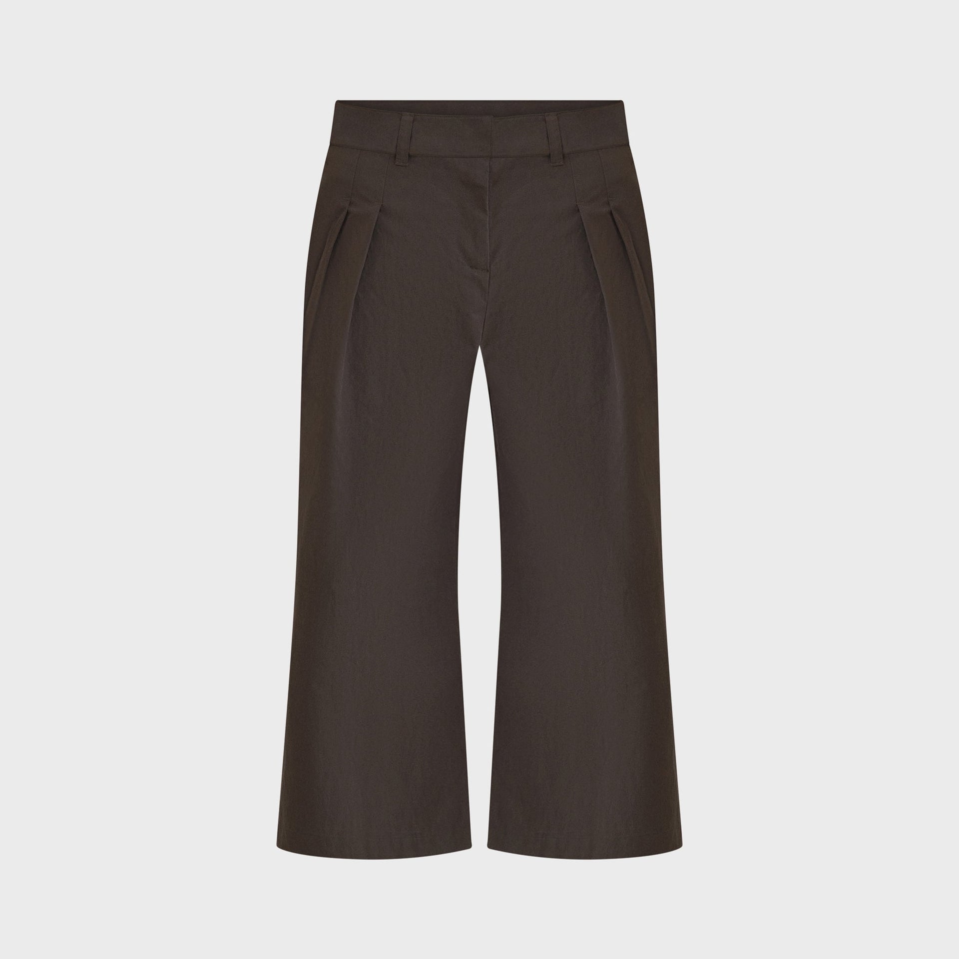 Belle Anna Rue pant in dark brown: pleated high-waist wide-leg cropped trousers with belt loops, front flat-lay on white