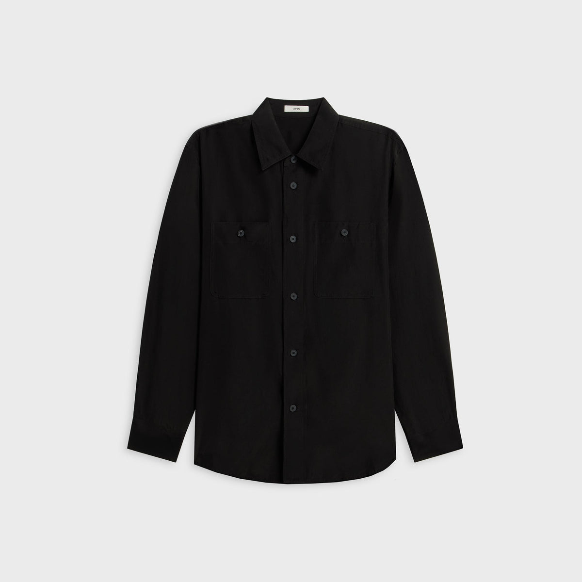 ATON Fibril Silk Tafta Skipper Shirt in charcoal grey, front view with point collar and two chest pockets