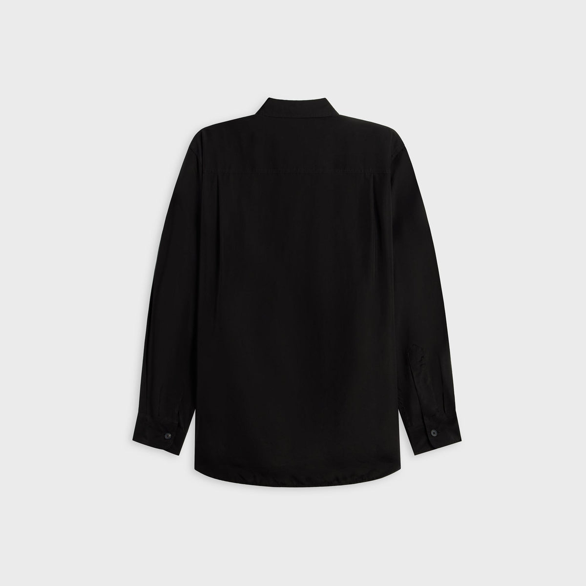 ATON Fibril Silk Tafta Skipper Shirt in charcoal grey, back view with long sleeves and button cuffs
