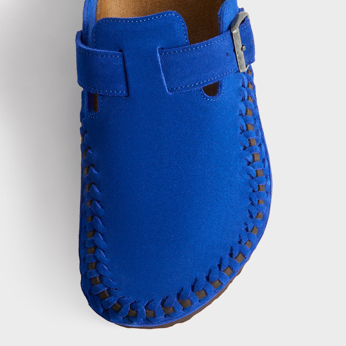 Kith for Birkenstock Boston Braided in Ultra Blue, overhead close-up of the braided toe edge and cobalt suede strap