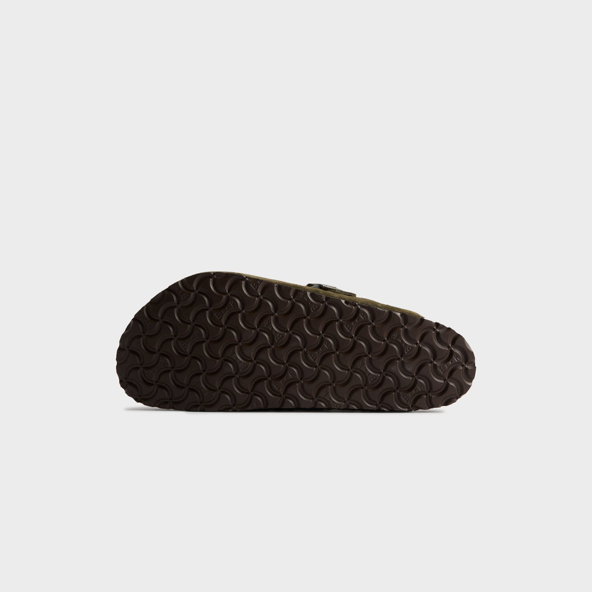 Kith for Birkenstock Boston Braided in Thyme, bottom view of the dark brown rippled rubber outsole