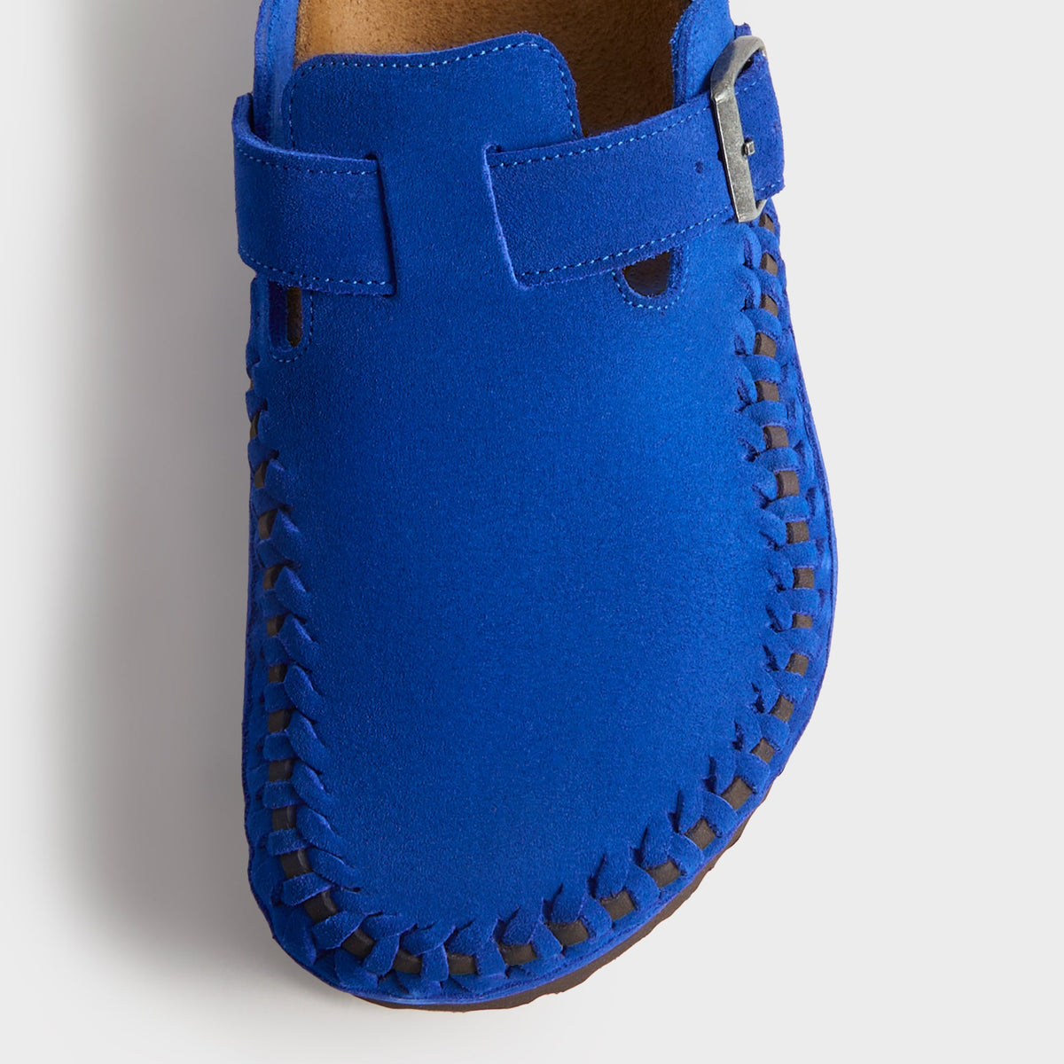 Kith for Birkenstock Women's Boston Braided in Ultra Blue, overhead close-up of the braided toe edge and cobalt suede strap