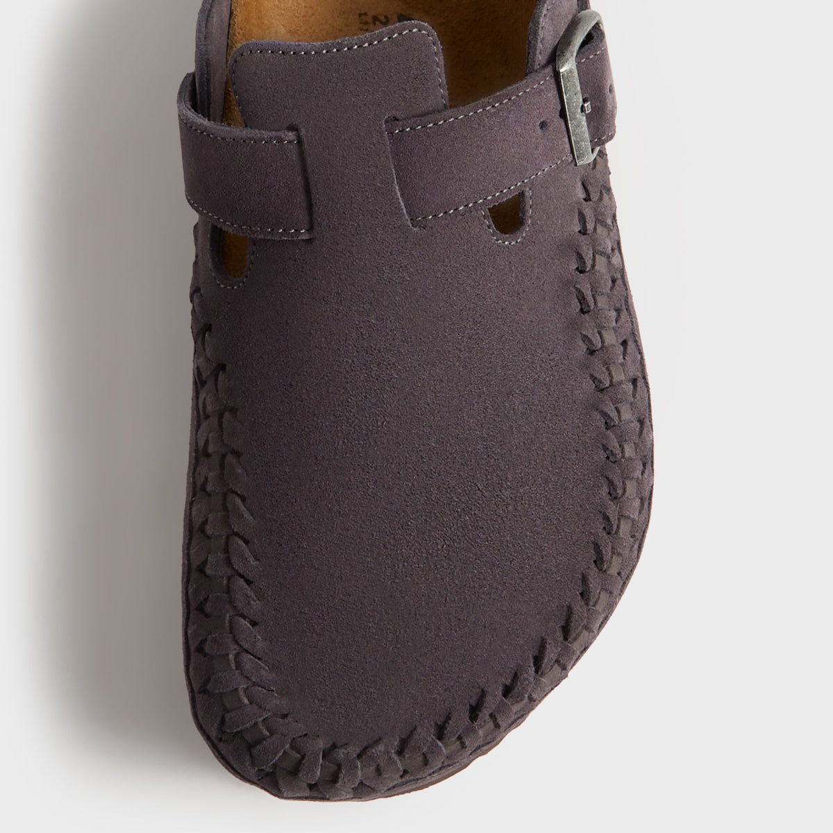 Kith for Birkenstock Boston Braided in Rabbit Grey, overhead close-up of the braided toe edge and grey suede strap