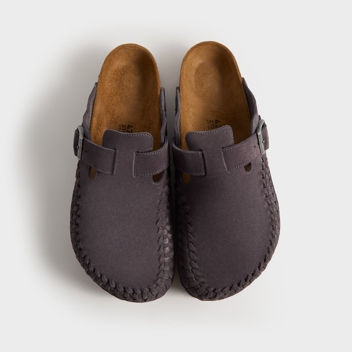 Kith for Birkenstock Boston Braided in Rabbit Grey, top-down view of the pair showing suede uppers, buckles and cork footbeds