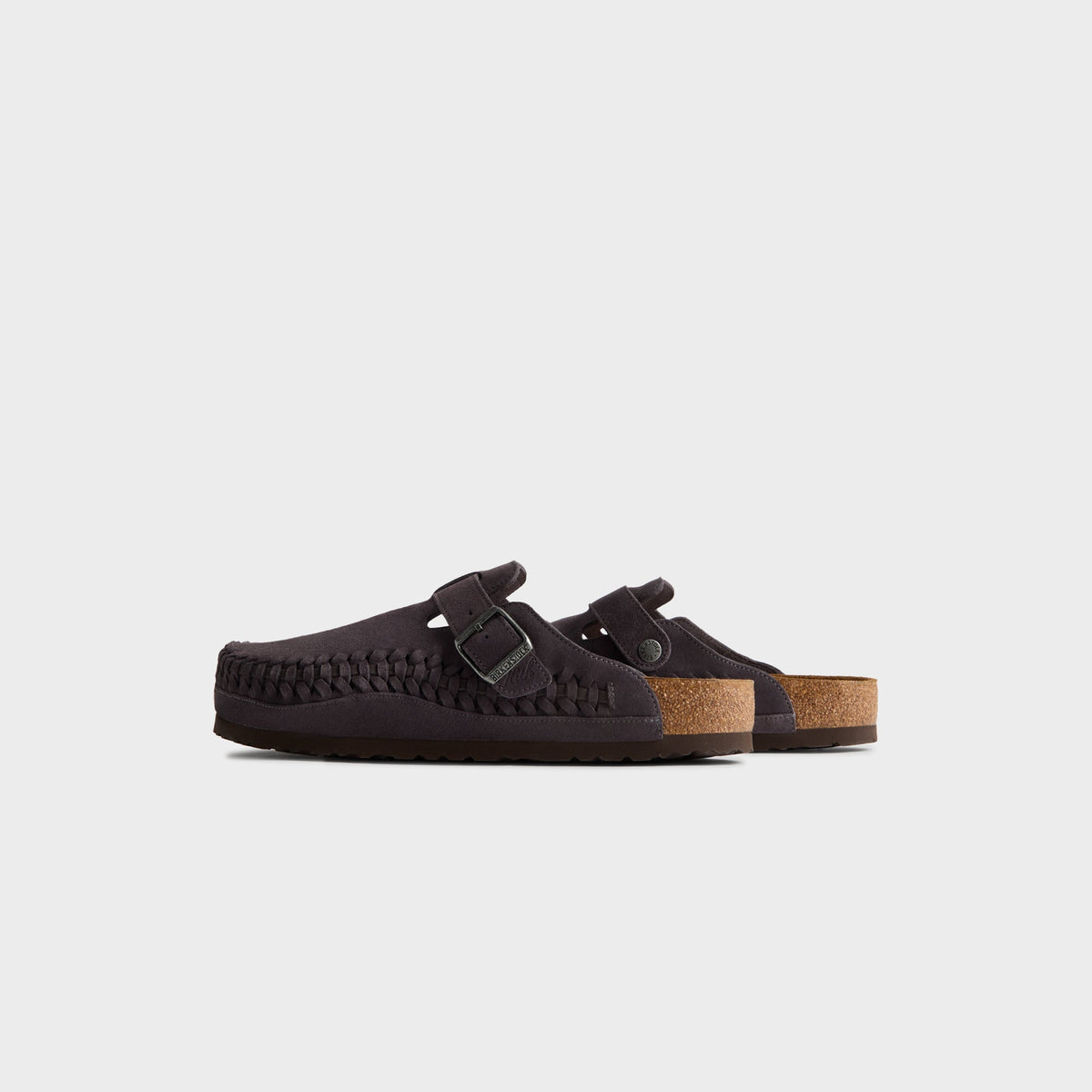 Kith for Birkenstock Boston Braided in Rabbit Grey, rear three-quarter view of the open-back suede clog pair