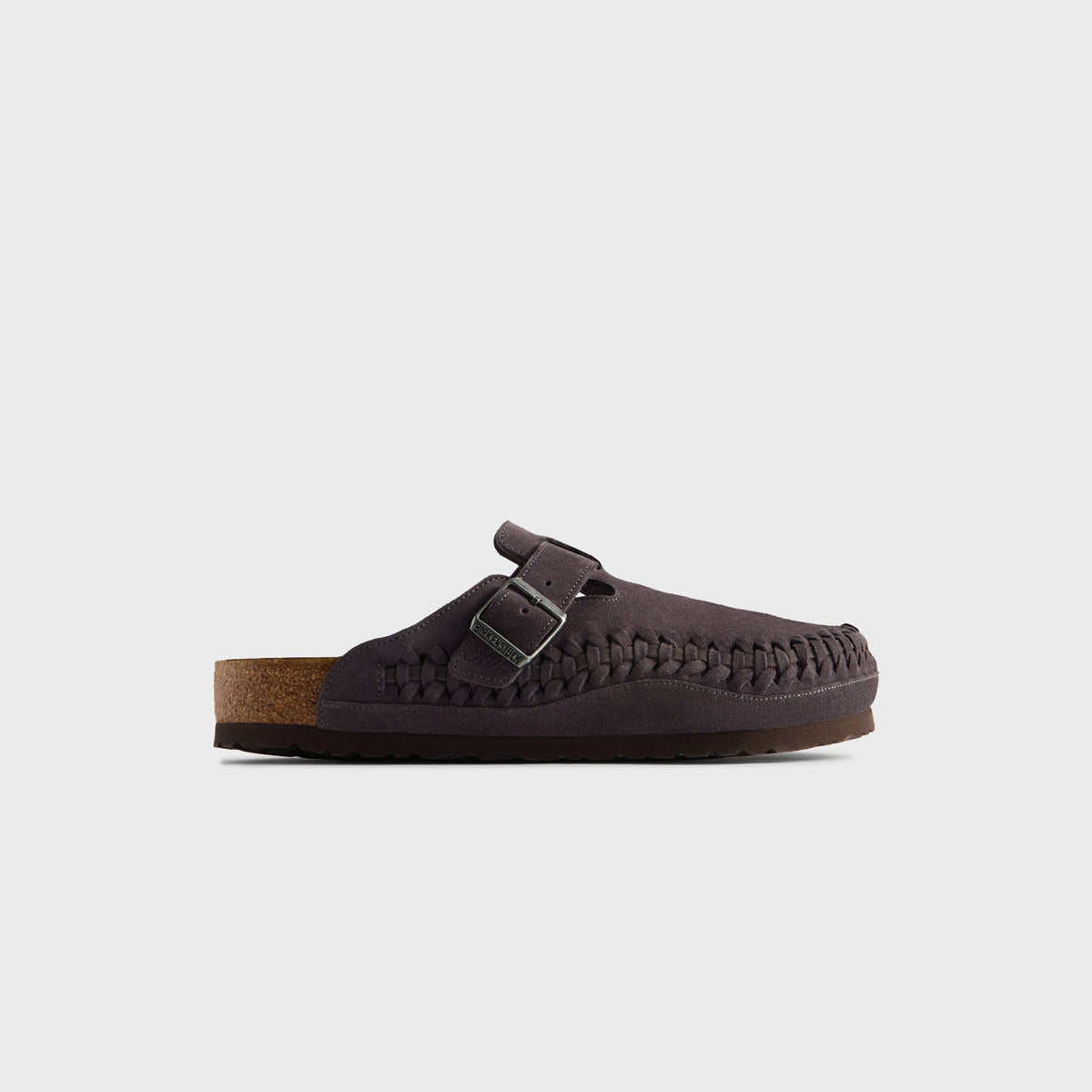 Kith for Birkenstock Boston Braided clog in Rabbit Grey, lateral profile of the right suede mule with buckle strap and cork footbed