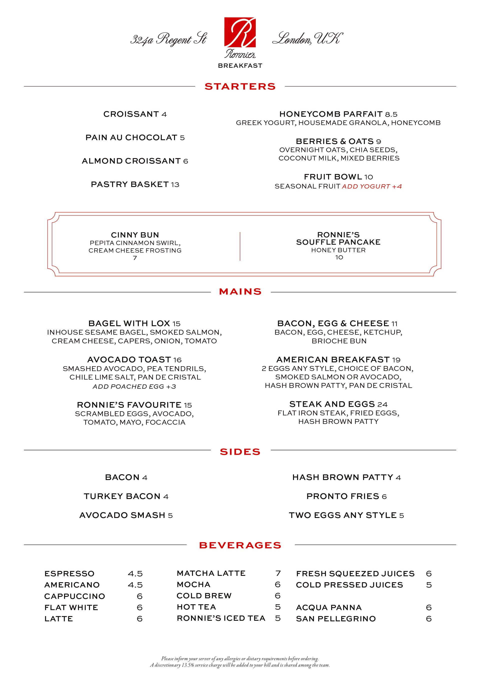 Ronnie's London breakfast menu: starters, mains, sides and beverages with prices on white