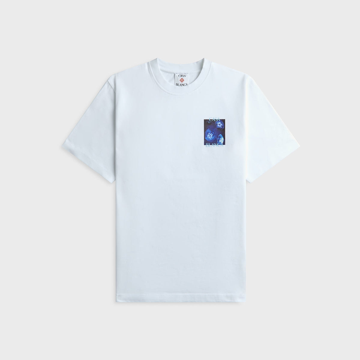 Casablanca Meduse Sportive white tee with small blue jellyfish photo print on chest, front view