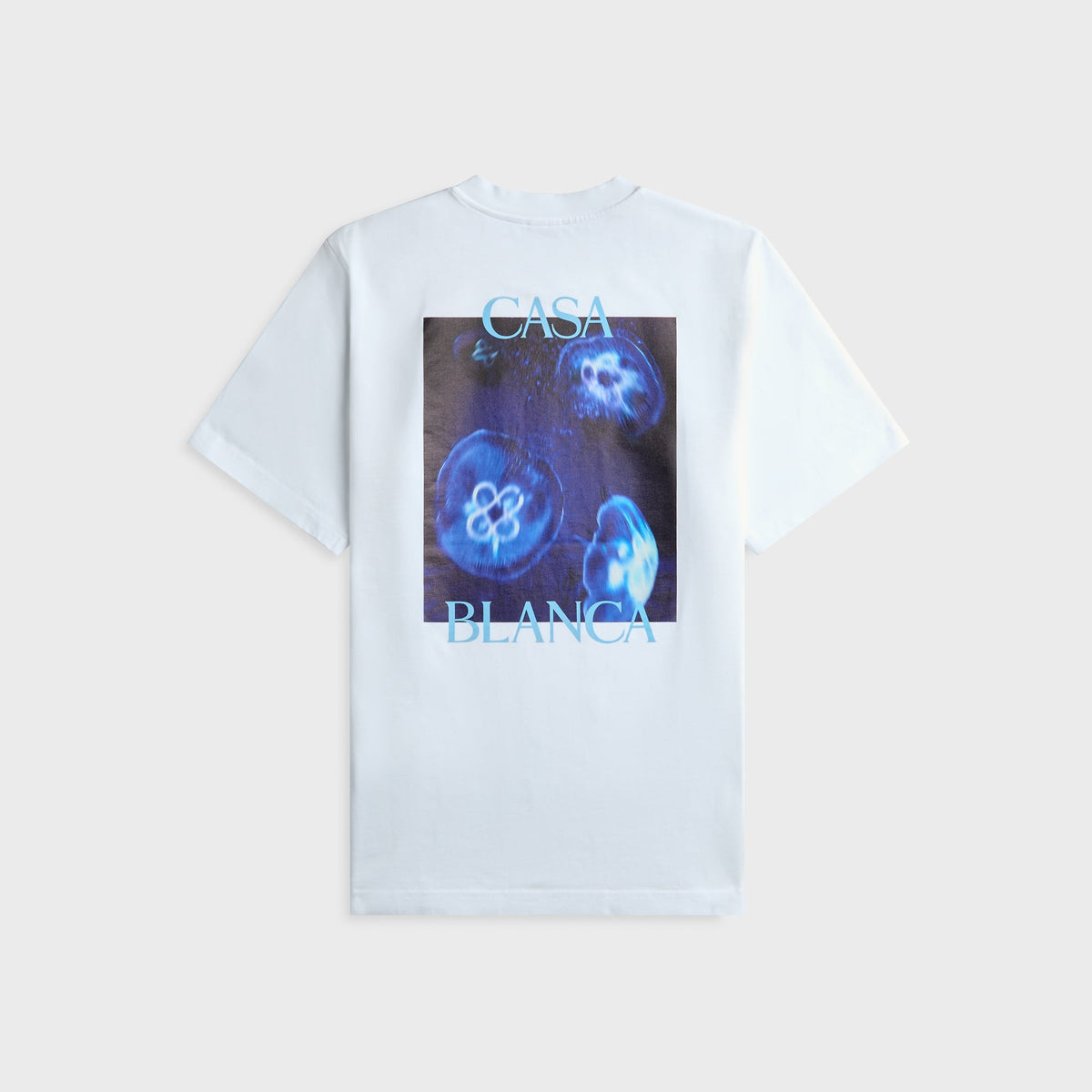 Casablanca Meduse Sportive white tee with large blue jellyfish photo print, back view