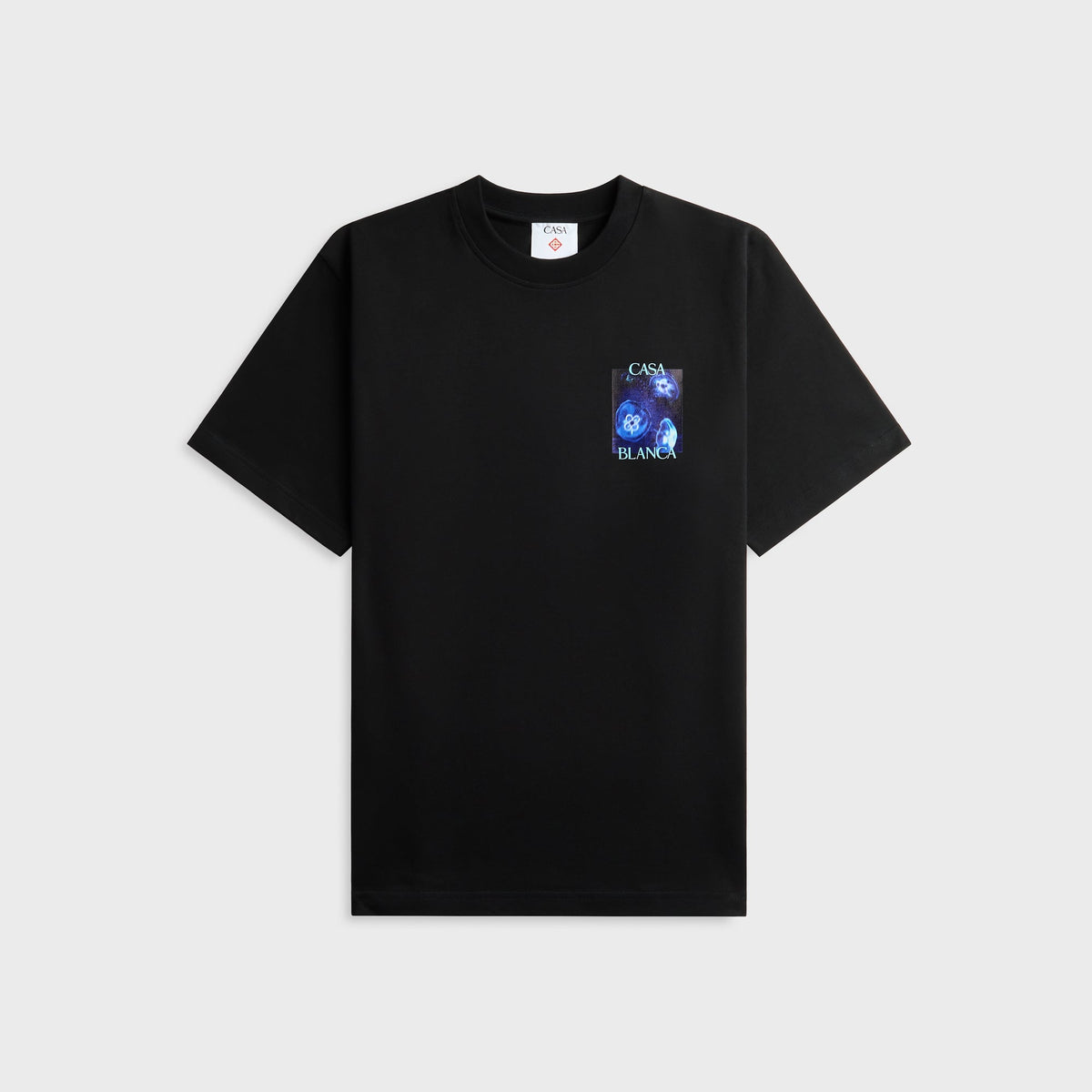 Casablanca Meduse Sportive black tee with small blue jellyfish photo print on chest, front view