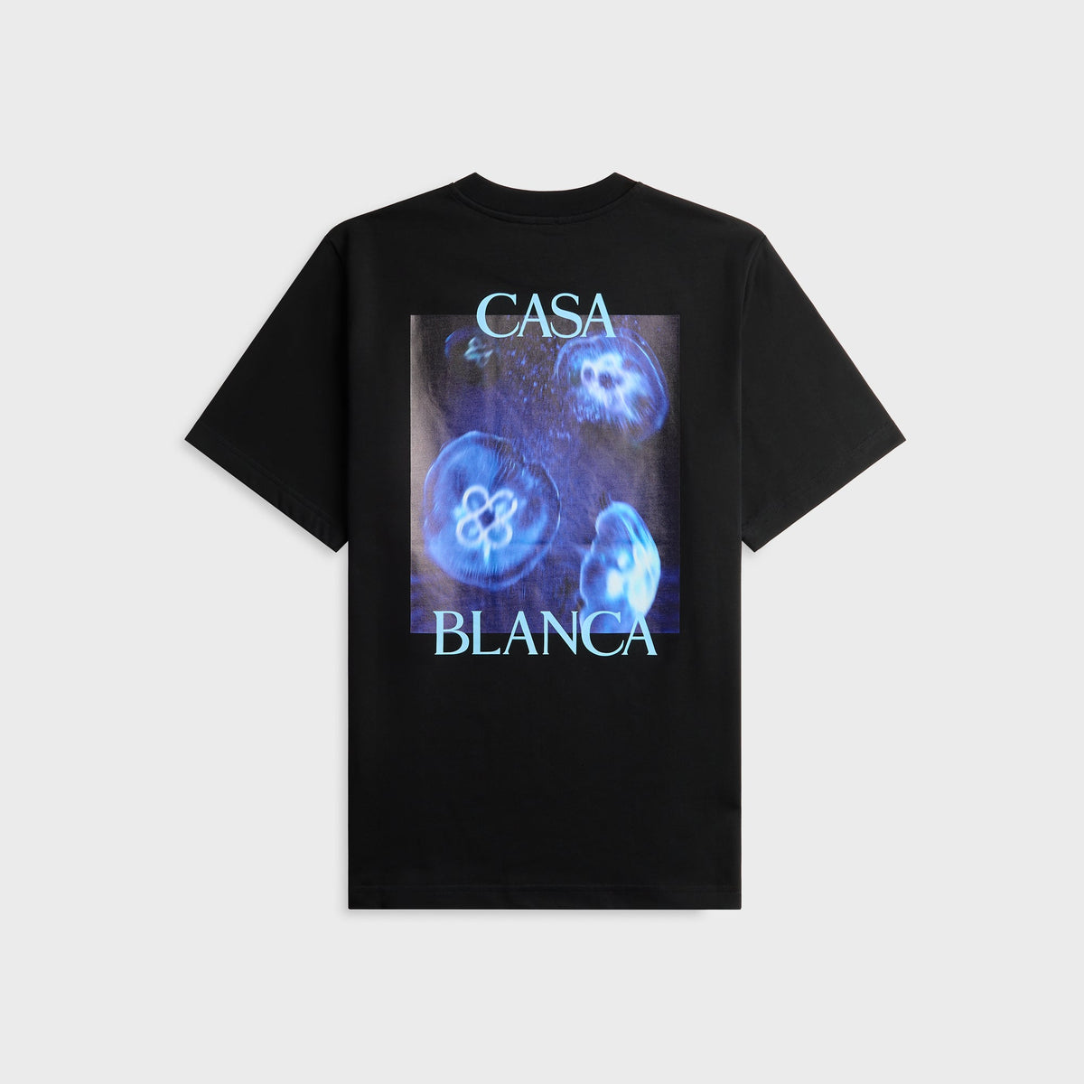 Casablanca Meduse Sportive black tee with large blue jellyfish photo print, back view