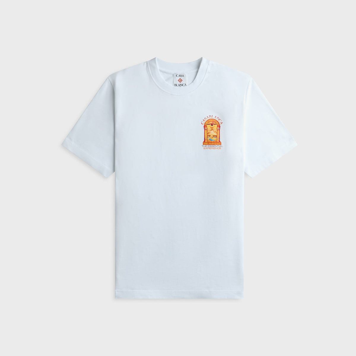 Casablanca white tee with small Egyptian arch and bird graphic on chest, front view