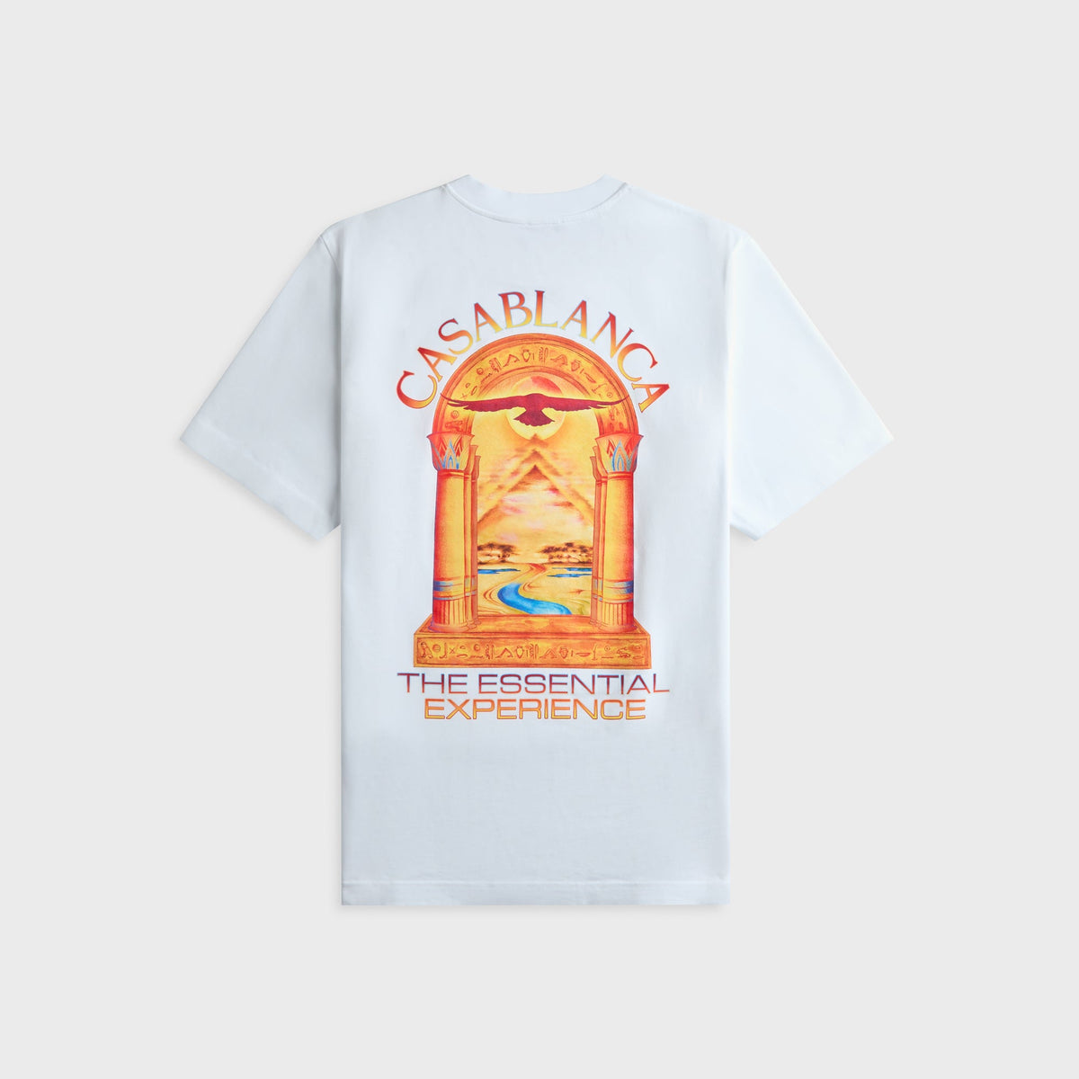 Casablanca white tee with large Egyptian arch, bird and desert landscape print, back view