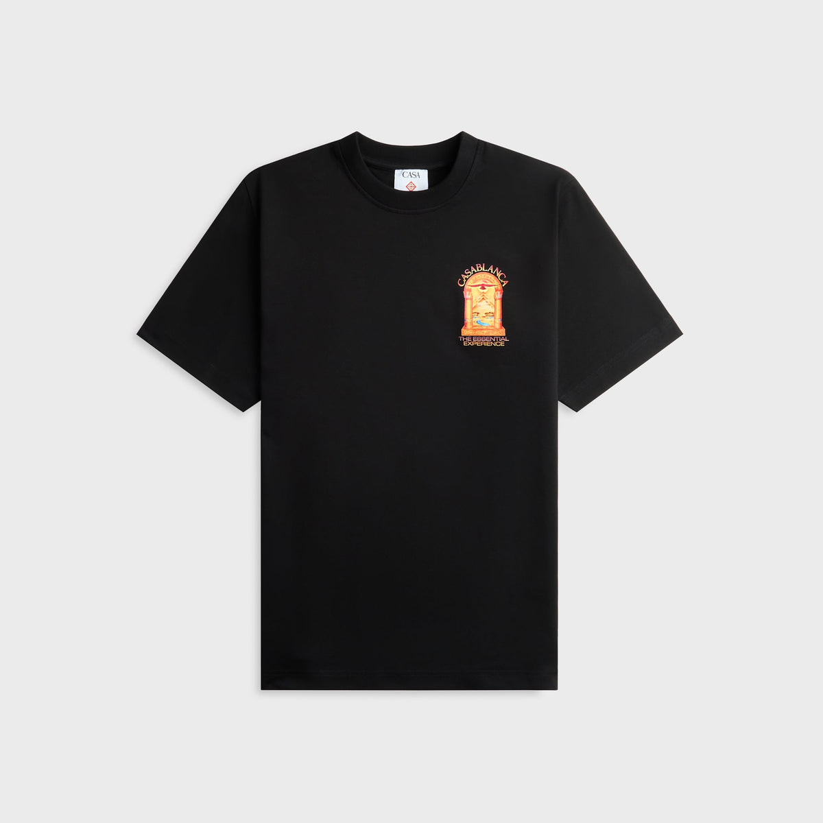 Casablanca Hermons Mirage black tee with small Egyptian arch and bird graphic on chest, front view