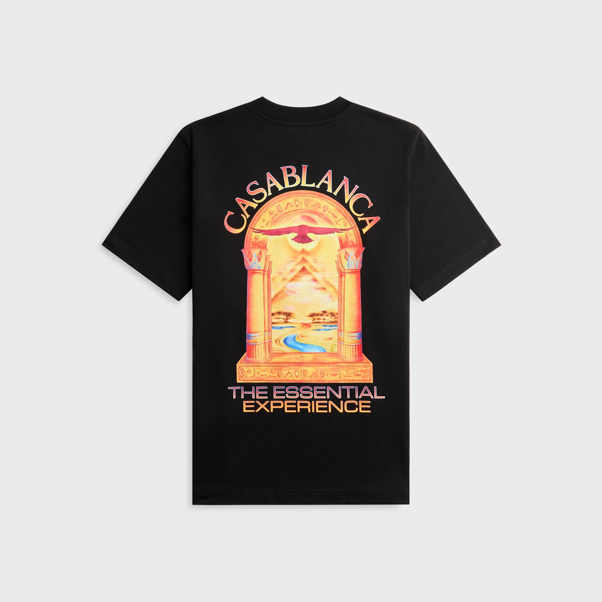 Casablanca Hermons Mirage black tee with large Egyptian arch, bird and desert landscape print, back view