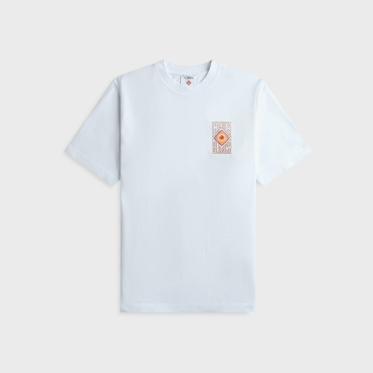 Casablanca white tee with small diamond Casablanca logo graphic on chest, front view