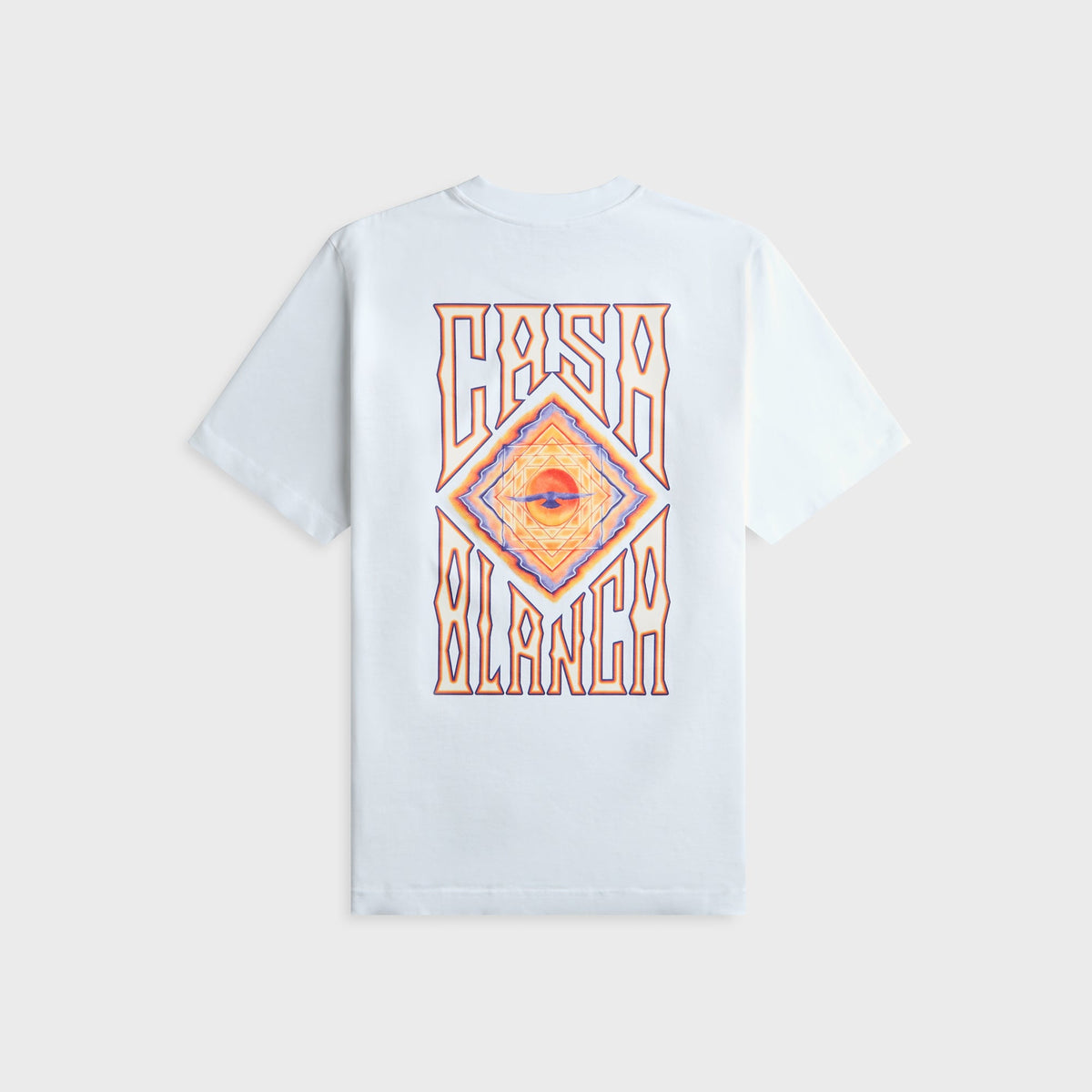 Casablanca white tee with large diamond-framed Casablanca logo graphic, back view