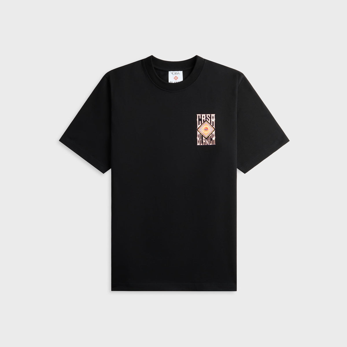 Casablanca black tee with small diamond Casablanca logo graphic on chest, front view
