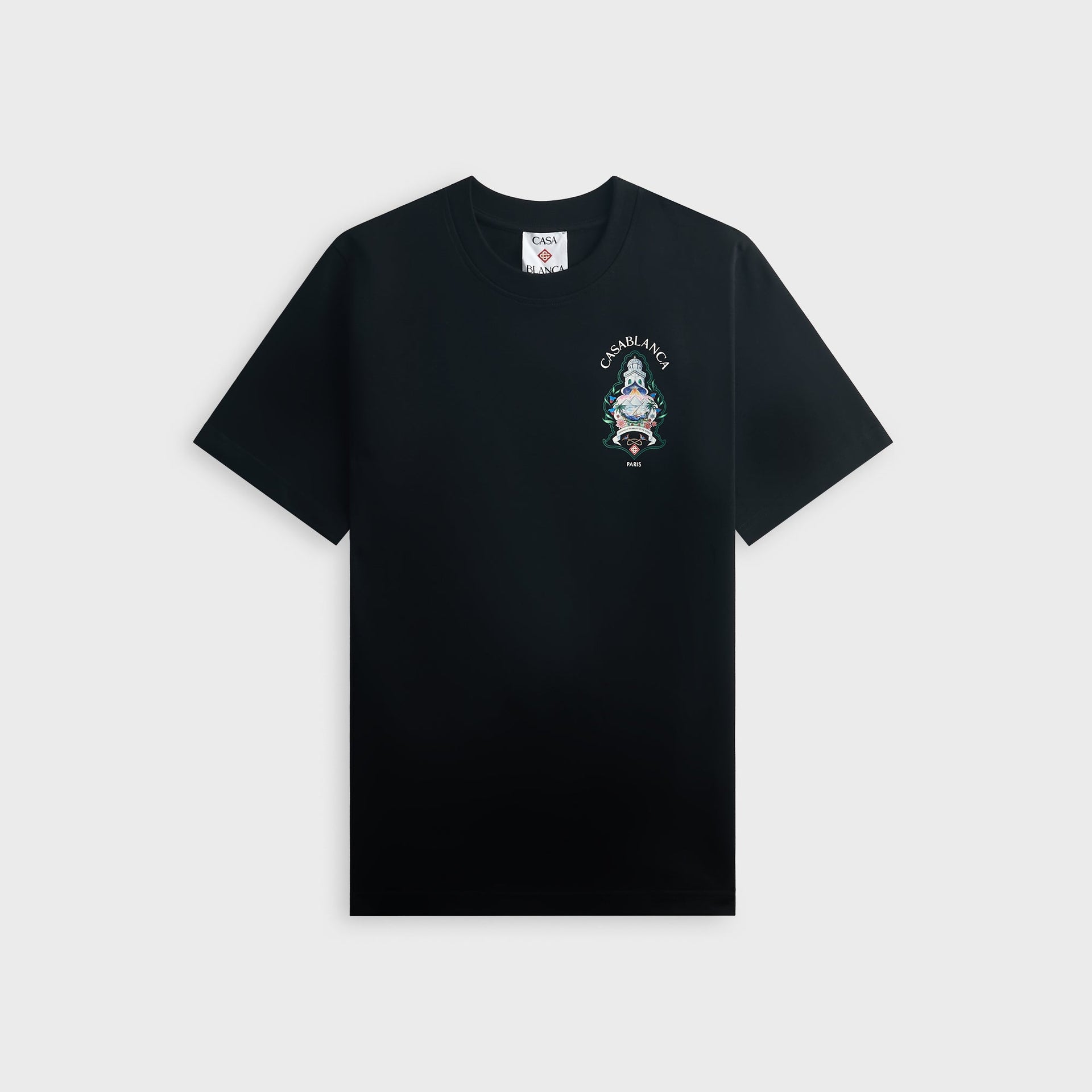 Casablanca Hotel Emblem black tee, front view with small left-chest lighthouse island emblem