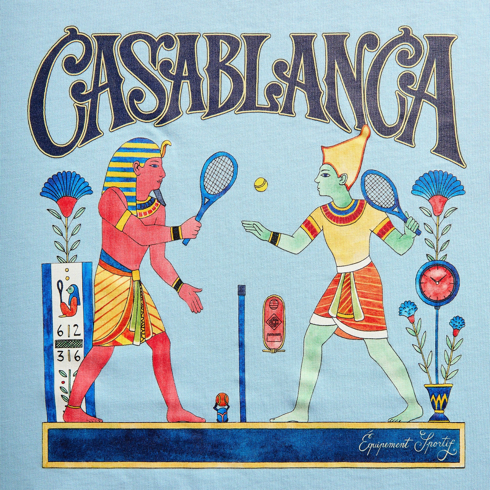 Close-up of Egyptian Tennis Match graphic: two Egyptian pharaohs playing tennis with rackets, ball and hieroglyphic scoreboard